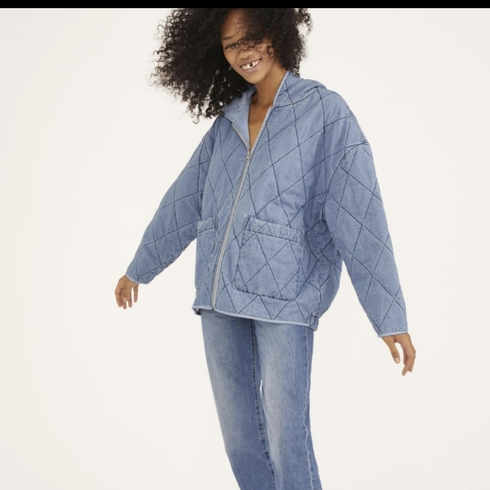 Urban Outfitters Freja Quilted Chambray Hooded Jacket